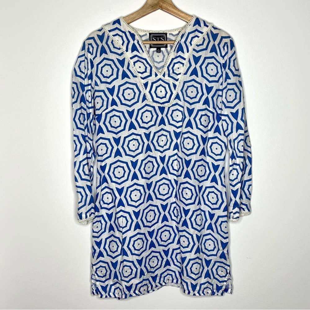 STS Sail to Sable Women Linen White & Blue Tunic Side Zipper Size Small